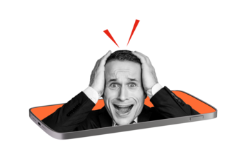 Composite photo collage of panic man peek phone screen shocked news fake information social media surprise isolated on painted background