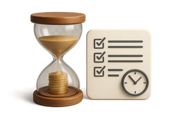 Hourglass, coins, and checklist for time management, transparent background.