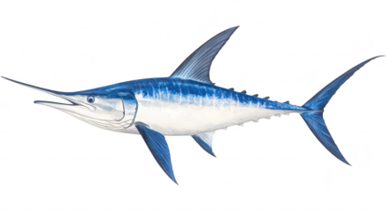 A detailed illustration of a marlin fish its sleek body. sharp bill. and blue coloration. swimming gracefully in a clear ocean environment with sunlight filtering through the water