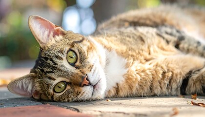 A relaxed tabby cat with striking green eyes lies on a brick surface outdoors, basking in the sunlight. A blurred background is visible