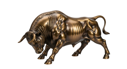 Powerful bronze bull statue isolated on transparent background, symbolizing strength and determination, a striking decorative piece for any home or office space