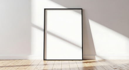 Black frame mockup leaning against white wall with sunlight shining through the window, creating a bright and inviting atmosphere, perfect for showcasing artwork or photography in a minimalist style