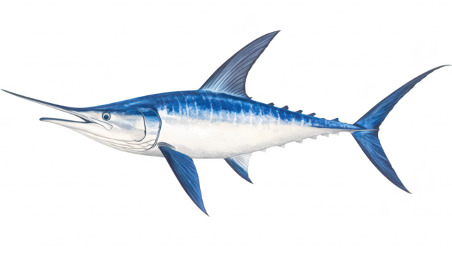 A detailed illustration of a marlin fish its sleek body. sharp bill. and blue coloration. swimming gracefully in a clear ocean environment with sunlight filtering through the water