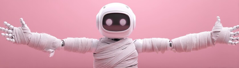A cute, robotic figure wrapped in white bandages, set against a pink background, appears welcoming with open arms and a friendly expression, Halloween robot
