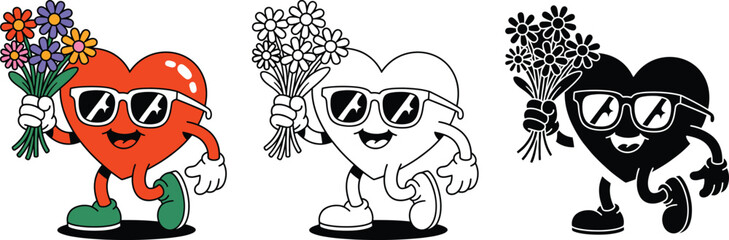 Cartoon heart character holding flowers in three styles