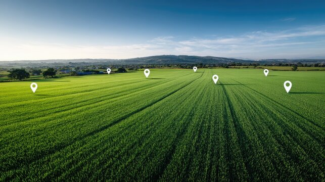 Agricultural land parcels in the green field with location markers, aerial view. Smart farming navigation technology concept