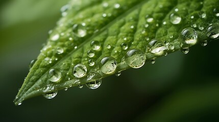 Crystal clear water droplets on a vibrant green leaf, a minimalist high-resolution nature macro