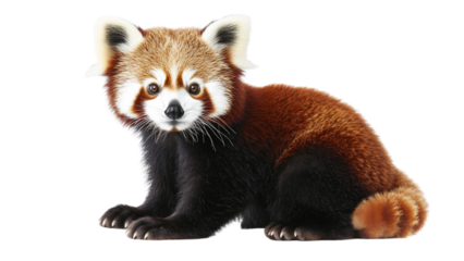 Cute red panda with fluffy tail and distinctive facial markings sits against transparent background, showcasing its charming and playful nature