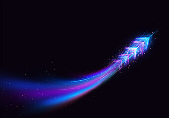 Abstract neon speed arrow, blue pink, with tail and motion lines and glowing small particles.