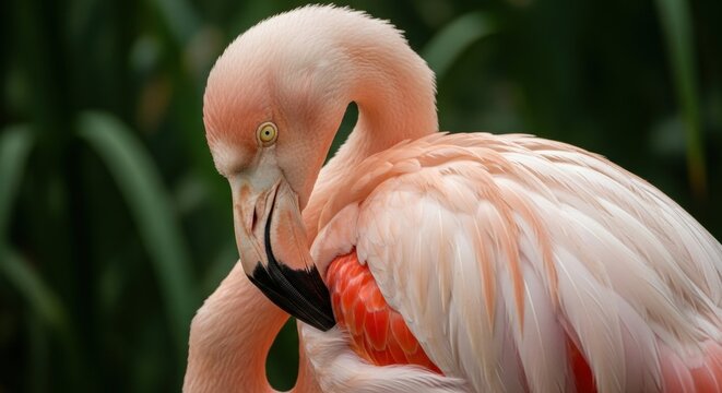 Elegant pink flamingo preening feathers in natural habitat - Powered by Adobe
