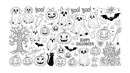 Fototapeta premium Spooky Halloween Doodle: An array of hand-drawn Halloween elements, including ghosts, pumpkins, bats, and other spooky objects, creating a charming monochrome aesthetic.