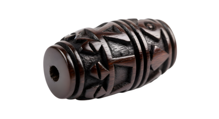 Detailed closeup of a carved wooden bead with intricate tribal patterns isolated on transparent background, showcasing craftsmanship and cultural artistry