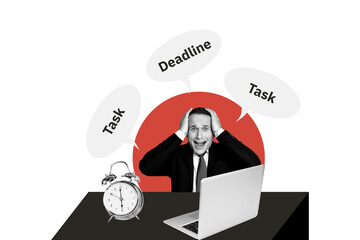 Creative image collage businessman boss deadline task management time clock urgent overloaded laptop arrangement countdown