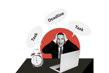 Creative image collage businessman boss deadline task management time clock urgent overloaded laptop arrangement countdown