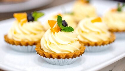 Delicate cream tarts, topped with citrus and berries