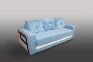 Isolated sofa bed with fabric upholstery on grey gradient background.