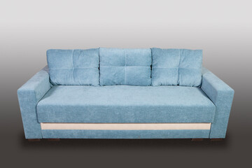 Isolated sofa bed with fabric upholstery on grey gradient background.