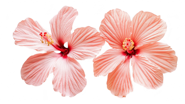 Two pink hibiscus flowers with intricate petals and yellow stamen. set against a clean white background. ideal for floral design or nature-themed projects