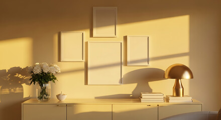 A cozy interior scene featuring a collection of blank picture frames adorning a warm yellow wall, complemented by a vase of white roses, a stylish lamp, and books on a sideboard, all bathed in soft, n