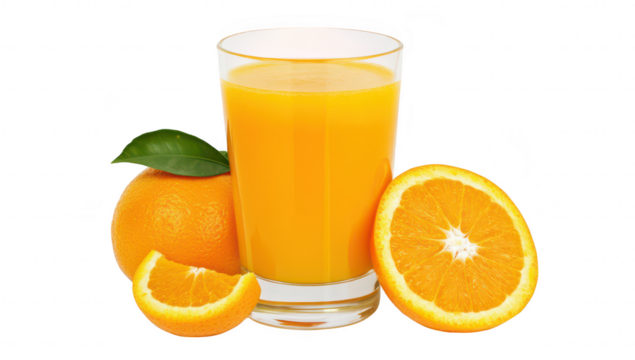 A refreshing glass of freshly squeezed orange juice sits on a clean white surface. accompanied by whole and sliced oranges. evoking a bright. sunny atmosphere ideal for health and wellness themes