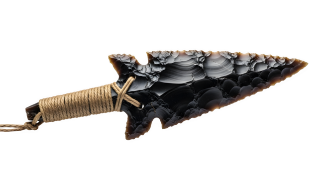 Obsidian arrowhead isolated on transparent background, a relic of ancient hunting, symbolizing skill, precision, and the enduring connection to nature