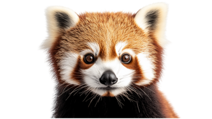 Cute red panda face with fluffy fur and expressive eyes is set against transparent background. animal distinct markings and gentle expression create charming and endearing image