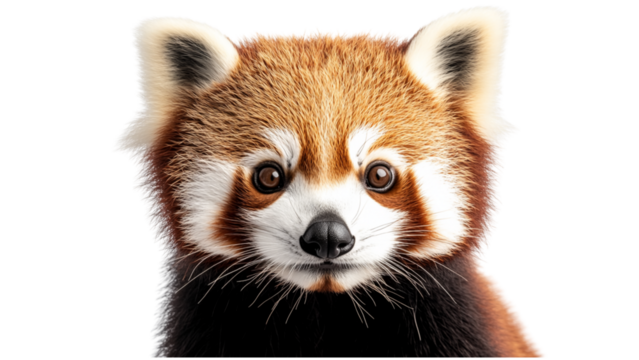 Cute red panda face with fluffy fur and expressive eyes is set against transparent background. animal distinct markings and gentle expression create charming and endearing image