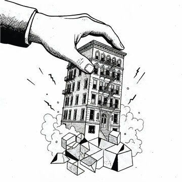 Gentrification Displacement Urban Change Vector Illustration. Hand Lifting Geometric Building