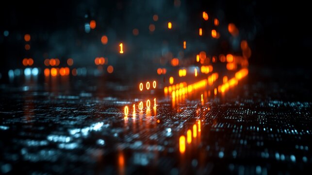 Digital stream of glowing binary numbers over a surface