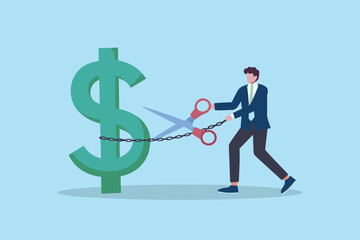 Businessman cutting the chain around a large dollar sign with scissors symbolizing financial freedom and breaking debt