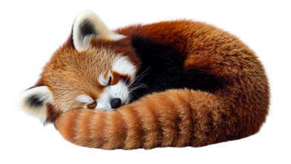 Cute red panda is peacefully sleeping curled up on transparent background showcasing its fluffy tail and soft fur