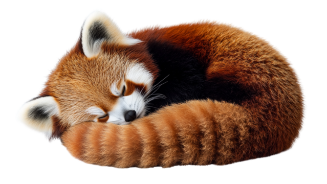 Cute red panda is peacefully sleeping curled up on transparent background showcasing its fluffy tail and soft fur - Powered by Adobe