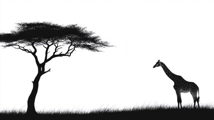 Silhouette of giraffe and tree against white background in the savannah