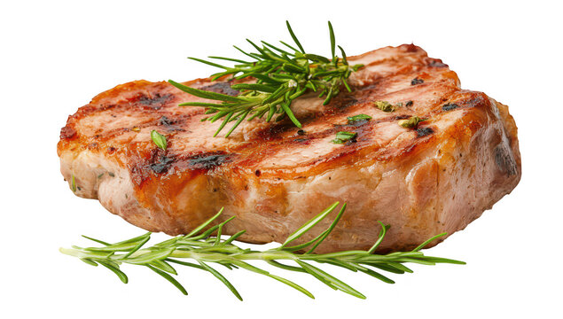 A beautifully grilled pork chop garnished with fresh rosemary sprigs. its juicy texture and appetizing appearance on a clean white background. ideal for culinary presentations - Powered by Adobe