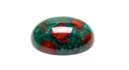 Closeup of a polished bloodstone cabochon isolated on transparent background, showcasing its deep green color and vibrant red spots, a beautiful gemstone