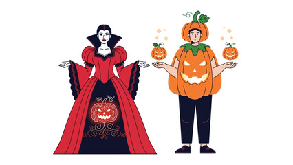 Costumed Celebrations: Illustrative rendering of figures dressed as Vampire and Pumpkin, conjuring the mystical enchantment of Halloween through imaginative artistry.