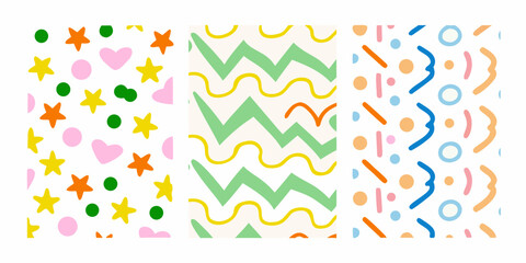 Three playful abstract patterns with colorful shapes and lines on a white background
