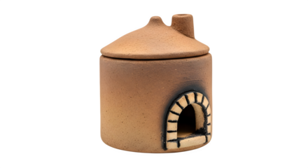 Charming ceramic houseshaped container with a lid, featuring a rustic design and a small chimney, isolated on transparent background, perfect for decoration