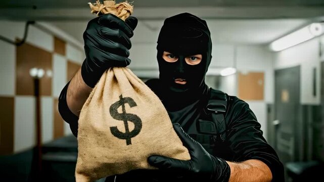 A person with a mask and black gloves holding a bag of money. Heist, robbery, illegal activity, crime