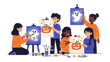 Halloween Art Class: A group of children are engrossed in an art class, creatively painting seasonal Halloween themed illustrations of pumpkins and ghosts on their easels.