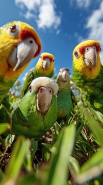 Funny parrot exploring a green field under a bright blue sky near midday