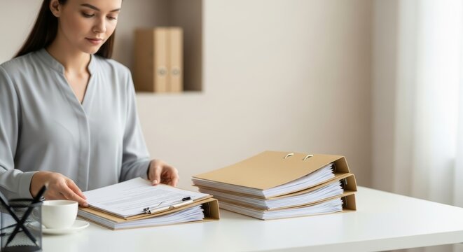 Businesswoman carefully organizing document binders and paperwork at white desk with coffee cup in bright minimalist office setting with natural lighting