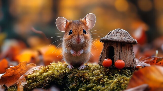 Cute mouse in autumn leaves