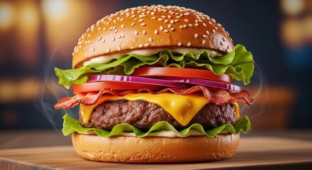 Juicy Bacon Cheeseburger with Melted Cheese and Fresh Toppings