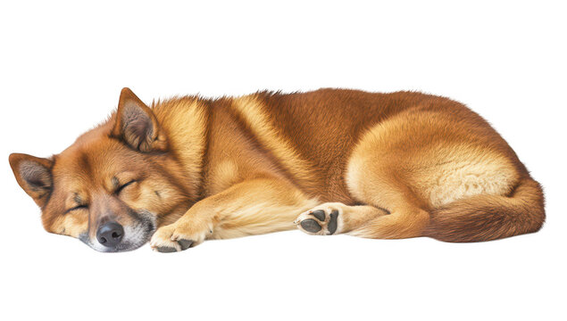 A peaceful. sleeping dog curled up on a soft surface. its fluffy fur and relaxed expression. creating a serene atmosphere suitable for pet-related content or relaxation themes
