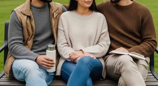 Close-up of three diverse friends—two men and a woman—sitting closely on a park bench, showing comfort and friendship in casual autumn clothing with a thermos and book. - Powered by Adobe