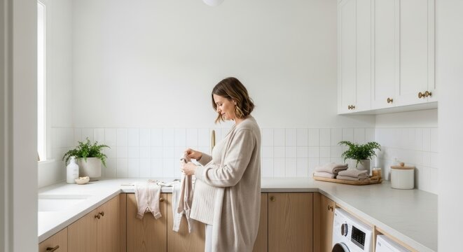A pregnant laundry woman gently folds baby clothes in a bright, modern, minimalist laundry room with white tiles and wooden cabinetry, conveying care and anticipation.