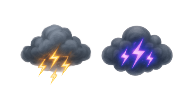 Set of weather. Thunderstorm clouds with lightning on a transparent background. Storm. Atmosphere. Nature.