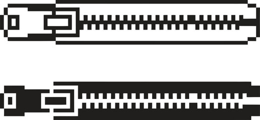 Two stylized zipper illustrations one outlined and one solid black