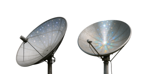 Set of satellite dishes: Communication satellite dishes on a transparent background. Communication. Space. Technology.